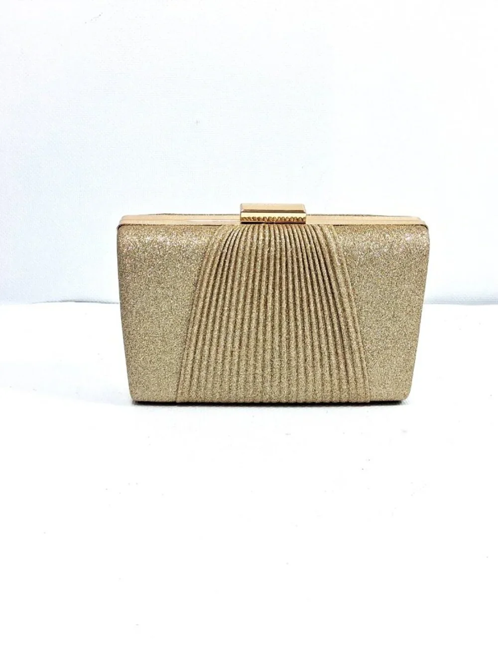 Sparkly Gold Evening Clutch with Chain Shoulder Strap Kiss Lock Top Closure NEW